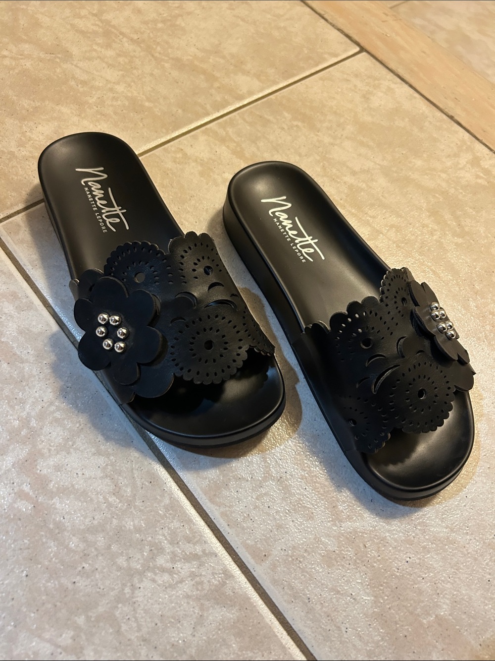 Nanette Lepore Black Floral Cutout Slide Sandals